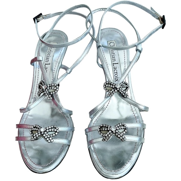 Christian Lacroix Shoes - Christian Lacroix Silver Metallic Strappy Heels Crystal Butterfly Embellished 39